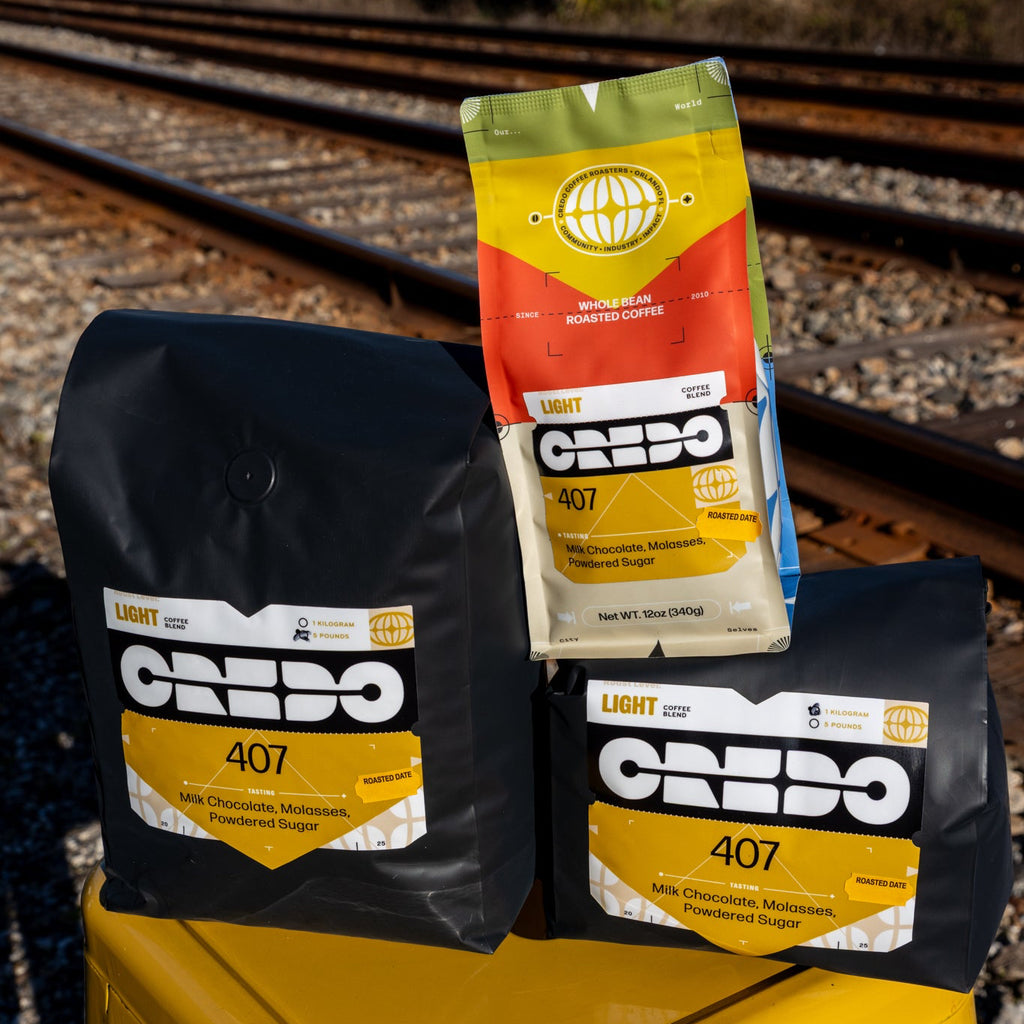 CREDO 407 bags on a yellow stool with train tracks in the background