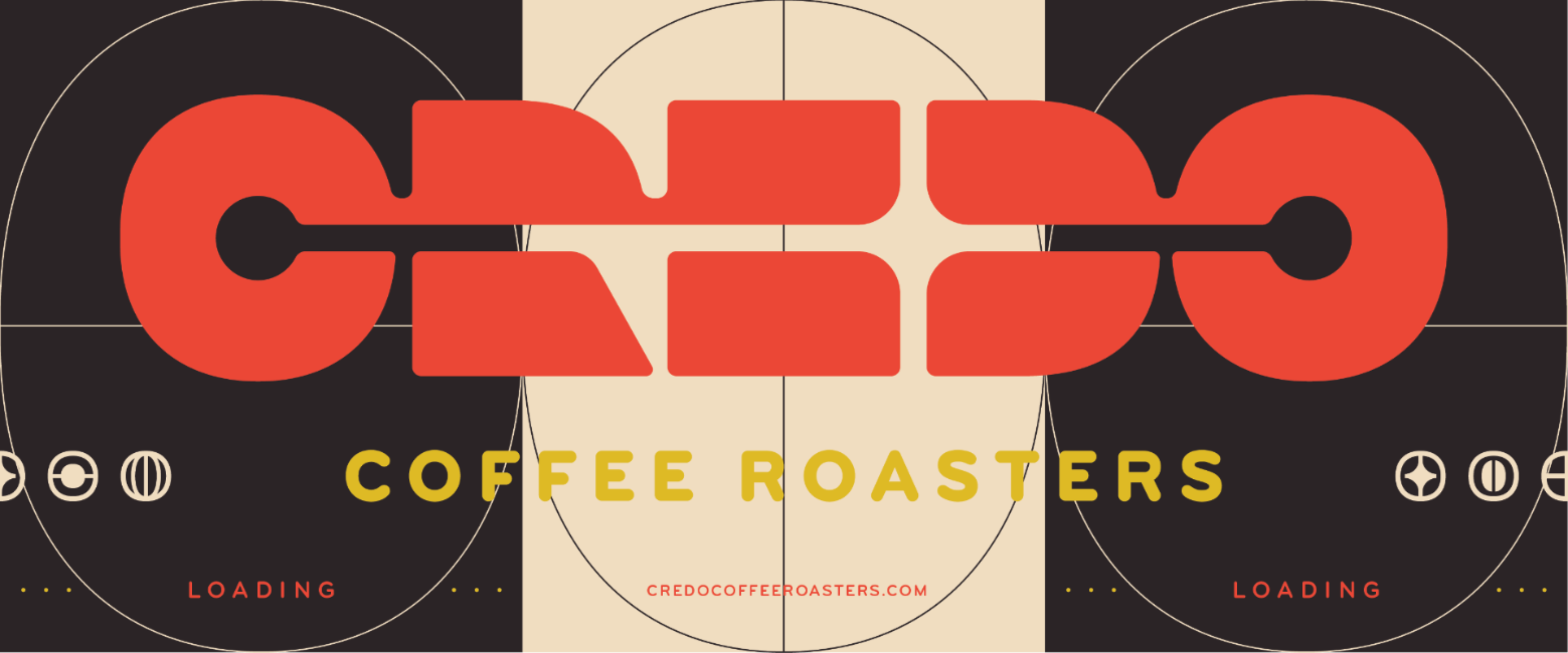 Credo Coffee Roasters logo in red and yellow text on a black and beige background
